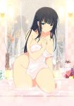  bathing bathtub black_hair blue_eyes highres holding holding_towel ikaruga_(senran_kagura) long_hair nude official_art reflection senran_kagura smile solo towel very_long_hair wading water wet wet_hair yaegashi_nan 