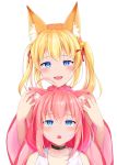  ahoge animal_ear_fluff animal_ears bell blonde_hair blue_eyes cat_ears choker commentary_request detached_sleeves fox_ears hair_ornament hand_on_another's_ear highres hinata_channel imoguri jingle_bell kemomimi_oukoku_kokuei_housou long_hair low_twintails mikoko_(kemomimi_oukoku_kokuei_housou) multiple_girls nekomiya_hinata open_mouth pink_hair ribbon smile touching_ears twintails upper_body vest virtual_youtuber white_vest 
