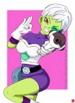  aiming_at_viewer bag breasts cheelai chris_re5 dragon_ball dragon_ball_super dragon_ball_super_broly gloves green_skin grin gun medium_breasts one_eye_closed purple_eyes scouter short_hair signature smile twitter_username weapon white_gloves white_hair 