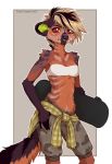  2018 5_fingers anthro bandeau bare_shoulders blonde_hair breasts clothed clothing digital_media_(artwork) ear_piercing facial_piercing female hair hyena kyotokisha15 mammal midriff navel nose_piercing nose_ring piercing red_eyes simple_background small_breasts solo 