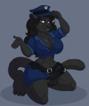  anthro anuvia balls big_breasts black_balls black_hair black_penis breasts cleavage clothed clothing dickgirl erection feline genital_piercing green_eyes hair hat humanoid_penis intersex long_hair mammal panther penis penis_piercing piercing police_hat police_uniform prince_albert_piercing smile solo uncut uniform 