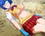  areolae blue_gloves blue_hair eyepatch eyes_closed gloves ikkitousen navel nipples plaid plaid_skirt ryomou_shimei short_hair skirt torn_clothes 