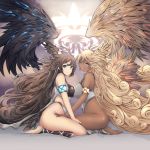  :q ahoge angel armlet bangs bare_shoulders barefoot beetarp blonde_hair blue_eyes blush breast_press breasts brown_hair contrast curly_hair dark_skin feathered_wings full_body granblue_fantasy harut_(granblue_fantasy) head_wings highres large_breasts leotard long_hair looking_at_viewer marut_(granblue_fantasy) multiple_girls seiza sitting smile symmetrical_docking thighs tongue tongue_out very_long_hair wings 