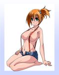  arm_support barefoot breasts denim denim_shorts full_body hair_bobbles hair_ornament kasumi_(pokemon) large_breasts naked_suspenders navel open_fly orange_hair pokemon ponytail revealing_clothes satsuki_imonet seiza shorts side_ponytail simple_background sitting smile solo suspenders topless unzipped white_background 