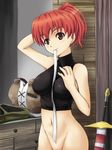  bottomless breasts cecily_cambell covered_nipples crop_top groin large_breasts mameshiba mouth_hold navel no_panties out-of-frame_censoring ponytail red_eyes red_hair ribbon seiken_no_blacksmith solo sword turtleneck weapon 