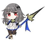  :o azur_lane bailingxiao_jiu bangs black_legwear blue_ribbon blush_stickers chibi eyebrows_visible_through_hair gauntlets grey_hair hair_ornament head_tilt heart heart-shaped_pupils holding holding_spear holding_weapon long_hair looking_at_viewer pantyhose parted_lips pleated_skirt polearm red_eyes ribbon saint-louis_(azur_lane) simple_background skirt solo spear standing standing_on_one_leg symbol-shaped_pupils underbust weapon white_background white_skirt 