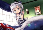  aono_meri azur_lane bed belchan_(azur_lane) belfast_(azur_lane) blue_dress braid commentary_request dress elbow_gloves gloves highres long_hair maid_headdress open_mouth picture_(object) picture_frame pillow ribbon side_ponytail silver_hair sitting solo v_arms window younger 