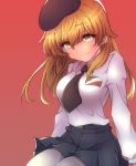  anzio_school_uniform bangs belt beret black_belt black_hat black_skirt blonde_hair carpaccio closed_mouth dress_shirt emblem eyebrows_visible_through_hair girls_und_panzer green_eyes hat long_hair long_sleeves looking_at_viewer miniskirt mityubi pantyhose pleated_skirt red_background school_uniform shirt simple_background sitting skirt smile solo white_legwear white_shirt 