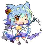  :d ahoge animal_ears azur_lane bell bird blue_hair brown_eyes chibi chick commentary_request fox_ears fubuki_(azur_lane) full_body gohei hair_bell hair_ornament highres japanese_clothes jingle_bell looking_at_viewer one_eye_closed open_mouth ribbon-trimmed_sleeves ribbon_trim roku_no_hito simple_background smile standing white_background wide_sleeves 