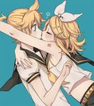  1girl arm_around_neck arm_tattoo bare_arms bare_shoulders blonde_hair blue_eyes blush bow brother_and_sister closed_eyes crop_top eyelashes flat_chest formalin glomp hair_bow hair_ornament hairclip hand_on_another's_shoulder hug imminent_hug imminent_kiss incest kagamine_len kagamine_rin leaning_forward midriff nail_polish number_tattoo open_eyes profile sailor_collar shirt short_hair short_ponytail shorts siblings sleeveless sleeveless_shirt surprised tattoo twincest twins upper_body vocaloid yellow_nails yellow_neckwear 