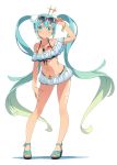  :d aqua_eyes aqua_hair ass_visible_through_thighs bangs bare_shoulders bikini bikini_skirt blush bracelet breasts collarbone commentary_request earrings eyebrows_visible_through_hair full_body goodsmile_racing gradient gradient_hair green_hair hair_ornament hatsune_miku highres jewelry kanzaki_hiro logo long_hair looking_at_viewer medium_breasts microskirt multicolored_hair navel necklace official_art open_mouth piapro platform_footwear racing_miku racing_miku_(2018) sidelocks simple_background skirt smile solo standing strappy_heels sunglasses swimsuit tan twintails very_long_hair vocaloid white_background 