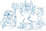  anthro big_breasts blue_and_white bovine breasts cam_(artist) cattle clothed clothing collar cow_(cow_and_chicken) cow_and_chicken cowbell english_text female food fully_clothed fur hair hat holding_object horn long_tail lying mammal monochrome musical_note nude on_side overalls pitchfork simple_background sketch_sheet sleeping sound_effects spots spotted_fur teats text udders wardrobe_malfunction white_background zzz 