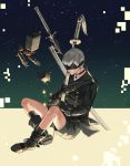  absurdres android black_blindfold black_choker black_footwear black_gloves black_jacket black_shorts blindfold choker commentary covered_eyes crossed_legs cube double-breasted drone ebiss06081 gloves highres holding holding_sword holding_weapon indian_style jacket nier_(series) nier_automata open_mouth pod_(nier_automata) robot shorts sitting sword weapon white_hair yorha_no._9_type_s 
