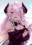  armpits asymmetrical_gloves black_vest blue_eyes breasts bug butterfly cleavage cleavage_cutout coat commentary_request draph elbow_gloves fingerless_gloves gloves gradient gradient_background granblue_fantasy grey_background hair_ornament hair_over_one_eye hairclip horns insect large_breasts lavender_hair long_hair looking_at_viewer narmaya_(granblue_fantasy) opanchu_(hakusen) open_clothes open_coat open_mouth pointy_ears sleeveless_coat solo sword upper_body vest weapon 