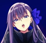  akino_sora black_dress blue_background blue_bow blue_eyes bow commentary_request dress eyebrows_visible_through_hair fate/extra fate/extra_ccc fate_(series) hair_between_eyes hair_bow half-closed_eyes head_tilt long_hair looking_at_viewer meltlilith open_mouth purple_hair round_teeth simple_background solo teeth tongue upper_body 