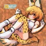  animal_ears bangs blonde_hair bow bowtie brown_background camouflage_background character_name closed_mouth elbow_gloves english extra_ears gloves high-waist_skirt japari_symbol kemono_friends looking_at_viewer lying mityubi on_back print_gloves print_neckwear print_skirt serval_(kemono_friends) serval_ears serval_print serval_tail shirt shoes short_hair skirt sleeveless sleeveless_shirt smile solo striped_tail tail thighhighs white_footwear white_shirt yellow_eyes yellow_gloves yellow_legwear yellow_skirt 