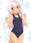  :o bangs blue_background blue_swimsuit blunt_bangs covered_navel cowboy_shot flat_chest floral_background hair_ribbon karutamo kicchin_(karutamo) long_hair looking_at_viewer old_school_swimsuit one-piece_swimsuit one-piece_tan open_mouth original red_eyes ribbon school_swimsuit silver_hair solo standing standing_on_one_leg swimsuit tan tanline tress_ribbon 