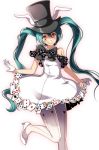  ace_of_diamonds ace_of_spades animal_ears aqua_hair bare_shoulders black_bow black_hat blush bow bunny_ears card checkered checkered_bow checkered_dress club_(shape) commentary_request diamond_(shape) dress feet_out_of_frame gloves hat hatsune_miku heart high_heels long_hair looking_at_viewer orange_eyes pantyhose playing_card project_diva_(series) project_diva_x smile solo spade_(shape) standing standing_on_one_leg top_hat tsukishiro_saika twintails vocaloid white_dress white_footwear white_gloves white_legwear 