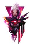  alternate_costume commentary cyborg ear_protection fiora_laurent glowing glowing_eyes league_of_legends lips muju neon_trim nose pink_eyes project:_fiora solo spiked_hair upper_body white_hair 
