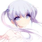  absurdres bad_id bad_pixiv_id bangs commentary ears_visible_through_hair eyebrows_visible_through_hair highres looking_at_viewer misteor original outstretched_hand purple_eyes purple_hair short_hair smile solo white_background 