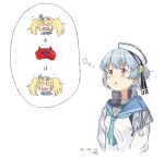 &gt;_&lt; :d blonde_hair blue_hair blush brown_eyes closed_eyes dated double_bun enemy_lifebuoy_(kantai_collection) gambier_bay_(kantai_collection) hat hat_ribbon kantai_collection kawashina_(momen_silicon) long_hair math medal multiple_girls navy_cross neckerchief open_mouth parted_lips ribbon sailor_collar samuel_b._roberts_(kantai_collection) shinkaisei-kan short_hair simple_background smile star_hat_ornament thought_bubble twintails upper_body white_background 