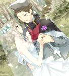  blue_eyes blush breasts bridal_veil brown_hair capelet cleavage commentary_request couple dancing darling_in_the_franxx dress flower grey_hair hair_flower hair_ornament half-closed_eyes hat holding_hands jewelry kokoro_(darling_in_the_franxx) long_sleeves looking_at_another married military military_hat military_uniform mitsuru_(darling_in_the_franxx) outdoors petals ring shiya_(mizushibuki) sleeveless sleeveless_dress smile strapless strapless_dress tied_hair uniform veil wedding wedding_band wedding_dress 