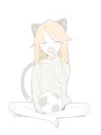  animal_ears ball bangs barefoot blonde_hair blush cat_ears cat_tail closed_eyes commentary_request doremi facing_viewer grey_shirt hand_up idolmaster idolmaster_cinderella_girls indian_style korean_commentary long_hair long_sleeves shirt simple_background sitting sleeves_past_wrists soccer_ball solo tail tears white_background yawning yuuki_haru 
