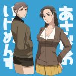  asymmetrical_bangs background_text bangs black_hair black_shorts blue_background breasts brown_eyes brown_hair brown_jacket cleavage closed_mouth cowboy_shot cropped_legs freckles from_side girls_und_panzer hand_on_hip hands_in_pockets hao_(udon) jacket large_breasts light_frown long_hair long_sleeves looking_at_viewer military military_uniform miniskirt multiple_girls naomi_(girls_und_panzer) nishi_kinuyo pleated_skirt saunders_military_uniform shirt short_hair shorts skirt standing translated uniform very_short_hair white_shirt yellow_skirt 