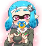  bangs blue_hair blunt_bangs blush bow cardigan collared_shirt commentary_request domino_mask eromame eyebrows green_bow hair_ornament hairclip heart heart-shaped_pupils heart_hands inkling jpeg_artifacts long_sleeves looking_at_viewer mask pacifier pink_eyes pointy_ears shirt short_hair solo splatoon_(series) splatoon_2 striped striped_bow striped_neckwear symbol-shaped_pupils tentacle_hair upper_body white_shirt 