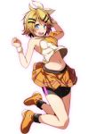  bike_shorts blonde_hair blue_eyes blush bow detached_collar full_body hair_bow hair_ornament hair_ribbon hairclip hand_on_own_head heart highres jumping kagamine_rin lipstick looking_at_viewer makeup midriff nail_polish navel open_mouth orange_footwear orange_skirt pleated_skirt project_diva_(series) ribbon shirt shirt_lift shoes short_hair sing&amp;smile_(vocaloid) skirt sleeveless sleeveless_shirt smile solo strapless_shirt tsukishiro_saika vocaloid white_bow yellow_nails 