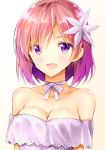  1girl :d absurdres arms_at_sides bangs bare_shoulders breasts brown_background cleavage collarbone commentary_request dress fate/grand_order fate_(series) flower gradient gradient_background hair_flower hair_ornament hair_over_one_eye highres large_breasts mash_kyrielight nanakusa_amane open_mouth pink_hair purple_eyes purple_flower smile solo strapless strapless_dress upper_body white_background white_dress 