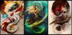  ahri animal_ears bare_shoulders barefoot black_hair border breasts collage commentary crescent_moon detached_sleeves fox_ears fox_tail full_body green_eyes helmet highres katarina_du_couteau korean_clothes league_of_legends long_hair medium_breasts mermaid monster_girl moon muju multiple_girls multiple_tails nami_(league_of_legends) orb red_hair scales short_sword staff sword tail weapon work_in_progress yellow_eyes 