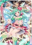  :d akkijin bare_shoulders blue_hair boots card_(medium) carnival dress fairy fairy_wings fireworks flower hair_flower hair_ornament multicolored multicolored_clothes official_art open_mouth pixie_servant_(shinkai_no_valkyrie) pointy_ears red_eyes shinkai_no_valkyrie smile solo wings 