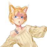  animal_ear_fluff animal_ears bad_id bad_twitter_id blonde_hair blue_eyes commentary_request fox_ears fox_girl_(jaco) jaco off_shoulder original ribbed_sweater short_hair simple_background slit_pupils solo sweater triangle_mouth upper_body white_background yellow_sweater 
