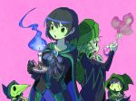  2girls black_hair blonde_hair breasts brooch candle cape chibi dark_acolyte_(shovel_knight) drill_hair gloves green_eyes green_skin hat hood jewelry medium_breasts missy_(shovel_knight) mona_(shovel_knight) multiple_boys multiple_girls open_mouth pink_background plague_doctor_mask plague_knight potion robe sachy_(sachichy) shovel_knight simple_background sweatdrop triangle_mouth upper_body wavy_mouth 