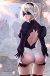 1girl android ass ass_grab back back_opening black_gloves black_hairband blindfold breasts deep_skin from_behind gloves hairband hips large_breasts leotard mole mole_under_mouth nier_(series) nier_automata parted_lips prywinko shiny shiny_hair shiny_skin short_hair solo thick_thighs thighhighs thighs thong_leotard wide_hips yorha_no._2_type_b 