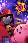  bell blush_stickers cape dark_nebula daroach hankuri hat kirby kirby_(series) kirby_squeak_squad looking_up mouse multiple_boys no_humans open_mouth red_cape red_hat star top_hat 