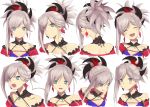  :d absurdres angry asymmetrical_hair bare_shoulders blue_eyes blue_kimono blush breasts cleavage closed_eyes collarbone detached_collar detached_sleeves earrings expressions faces fate/grand_order fate_(series) from_behind hair_ornament highres japanese_clothes jewelry kimono laika_(sputnik2nd) laughing licking_lips looking_at_viewer magatama miyamoto_musashi_(fate/grand_order) multiple_views necklace open_mouth pink_hair ponytail smile tongue tongue_out upper_body white_background 