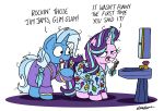  2018 bobthedalek clothing duo english_text equine female friendship_is_magic horn mammal my_little_pony pajamas simple_background starlight_glimmer_(mlp) text toothbrush trixie_(mlp) unicorn white_background 