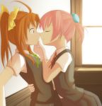  2girls against_wall ahoge bow bowtie brown_hair chin_grab couple eyes_closed face-to-face female gloves green_bow hand_up highres hug imminent_kiss indoors kagerou_(kantai_collection) kantai_collection lavender_hair long_hair looking_at_another multiple_girls neck parted_lips pink_hair red_bow ribbon school_uniform shiranui_(kantai_collection) short_hair short_ponytail short_sleeves surprised twintails utsushige white_gloves window yellow_ribbon yuri 