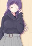  against_wall belt black_sweater blush casual chiro_(bocchiropafe) closed_eyes facing_viewer green_eyes hair_down half-closed_eyes hand_in_hair highres houndstooth long_hair long_sleeves love_live! love_live!_school_idol_project purple_hair ribbed_sweater skirt smile solo sweater toujou_nozomi 