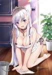  all_fours apron azur_lane barefoot belfast_(azur_lane) black_panties blush breasts bucket choker cleaning cleavage collarbone feet kneeling large_breasts light_rays long_hair looking_at_viewer mamemena naked_apron open_mouth panties plant potted_plant purple_eyes soles solo sunbeam sunlight toes underwear v-shaped_eyebrows very_long_hair wet white_hair wooden_floor 