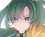  earrings eyebrows_visible_through_hair fire_emblem fire_emblem:_rekka_no_ken floating_hair green_eyes green_hair hair_between_eyes jewelry long_hair looking_at_viewer lyndis_(fire_emblem) portrait ringozaka_mariko side_ponytail smile solo 