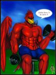  anthro avian beak big_muscles bird blazewing117 bulge clothed clothing dialogue dumbbell english_text hi_res holding_object looking_at_viewer male muscular muscular_male outside phoenix solo speech_bubble text topless weights 