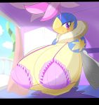  armless arthropod balcony bee big_breasts bikini blue_skin breasts clothing detailed_background feather_boa female huge_breasts hyper hyper_breasts insect kirby_(series) nintendo open_mouth purple_eyes queen_sectonia reitounek solo swimsuit video_games yellow_skin 