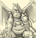  2013 barazoku black_and_white blastoise blush charizaes dragon duo facing_viewer front_view hug hugging_from_behind kemono kotobuki male monochrome muscular nintendo obese overweight pok&eacute;mon pok&eacute;mon_(species) reptile scalie simple_background sitting sketch tortoise turtle video_games white_background 