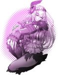  1girl :&gt; armor breasts camisole cleavage dark_jeanne dotted_background elbow_gloves flower full_body gloves granblue_fantasy greaves hair_between_eyes hair_flower hair_ornament hairband jeanne_d&#039;arc_(granblue_fantasy) layered_clothing long_hair looking_at_viewer medium_breasts purple_eyes signature single_glove skirt smile solo white_background white_hair zunta 