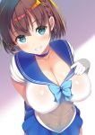  ai-chan_(tawawa) arm_behind_back asahina_hikage bangs bishoujo_senshi_sailor_moon blue_bow blue_choker blue_eyes blue_sailor_collar blue_skirt blush bow braid breasts brown_hair choker cleavage commentary_request cosplay covered_nipples eyebrows_visible_through_hair getsuyoubi_no_tawawa gloves grin hair_ornament hairclip hand_on_own_chest large_breasts looking_at_viewer parted_lips sailor_collar sailor_mercury sailor_mercury_(cosplay) sailor_senshi_uniform school_uniform serafuku shiny shiny_hair shiny_skin shirt short_hair short_sleeves skin_tight skirt smile solo standing twin_braids white_gloves white_shirt 