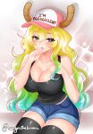  1girl angie_bunnie bare_shoulders baseball_cap black_legwear blonde_hair blush breasts cleavage dragon_horns gradient_hair green_hair hat heterochromia kobayashi-san_chi_no_maidragon large_breasts long_hair quetzalcoatl_(maidragon) short_shorts shorts simple_background smile solo thighhighs very_long_hair 