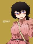  between_breasts black_hair blush breasts cowboy_shot dated from_below girls_und_panzer glasses highres oryou_(girls_und_panzer) red-framed_eyewear semi-rimless_eyewear shiroobi_(whitebeltmaster) sleeves_past_wrists strap_cleavage sweat turtleneck under-rim_eyewear yellow_background 